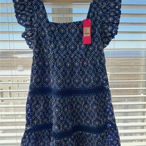 Lilly Pulitzer Morris Ruffle Dress Royal Blue & White Eyelet Tiered Dress